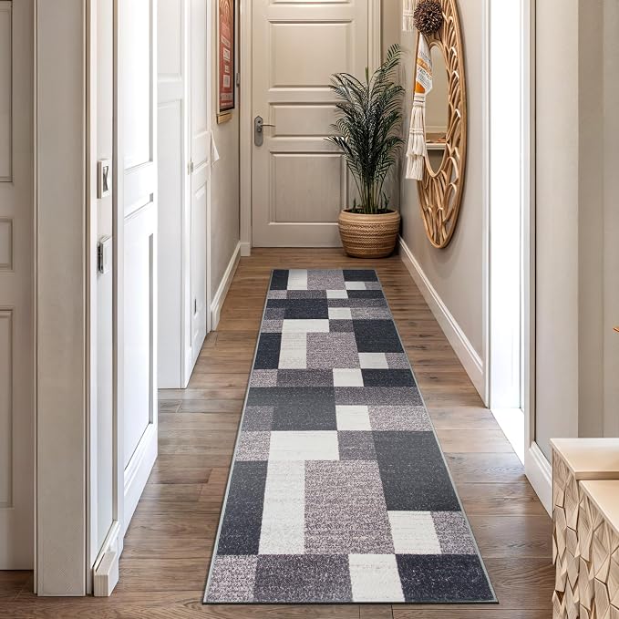 Rugshop Modern Boxes Non-Slip Living Room Bedroom Runner Rug Gray 2' x 7' | Rectangular, Size 2' X 7', Dining Room, Home Office, Kitchen, Entryway, Hallway, Nursery, Kids Room, Guest Room