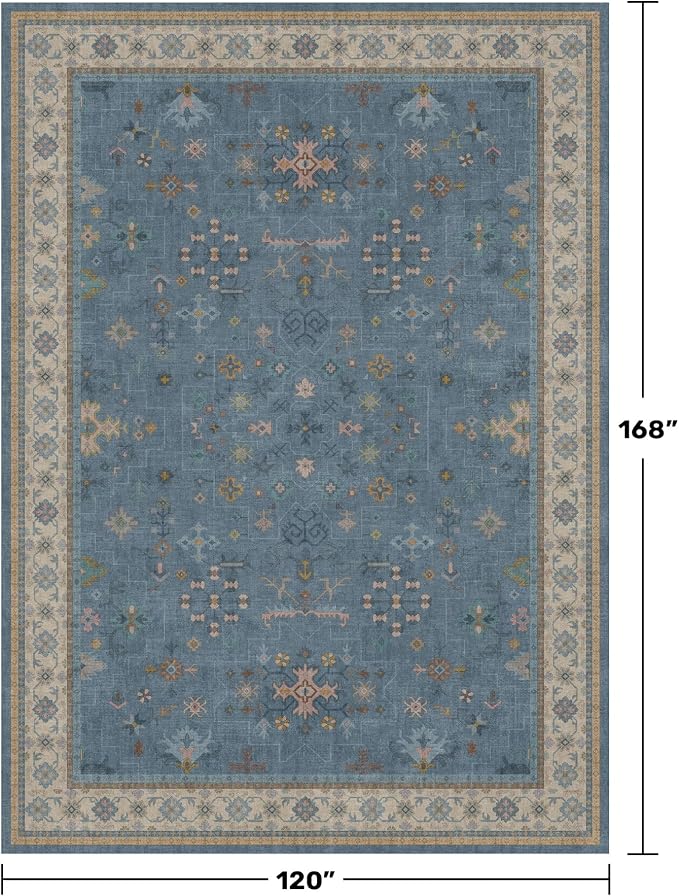 Blue Big Rugs for Living Room - Dusty Blue 10x14 Area Rug for Large Bedroom, Dining Room, Washable Lightweight Low Pile Foldable Eclectic Modern Floral Home Décor
