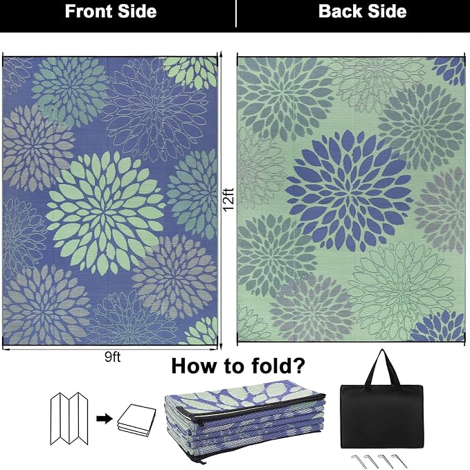 Ileading Waterproof Outdoor Rug 9x12, Reversible Plastic Straw Patio Rug, Portable Indoor Outdoor RV Camping Mat Carpet for Deck, Porch, Balcony, Backyard, Picnic, Floral Navy Blue
