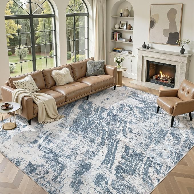 DMOYEST 8x10 Area Rug for Living Room Washable Abstract Indoor Carpet | Neutral Modern Low Pile Rugs Kid & Pet Friendly Large Soft Thin Carpet for Bedroom Dining Room and Office - Blue Light