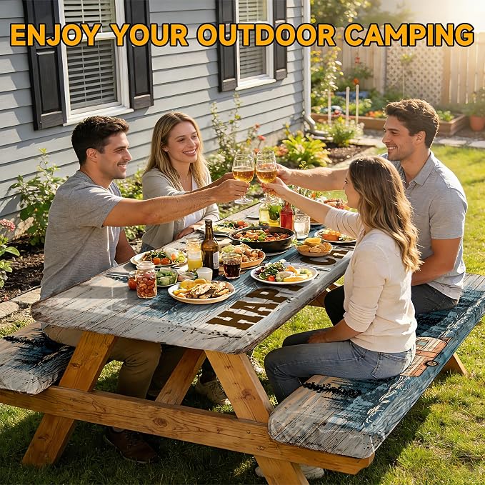 NYZE 3 Pieces Happy Camping Picnic Table Cover with Bench Covers Set, Elastic Edge Camping Tablecloth, Tablecloth Cover with Drawstring Bag, Camping Essentials for Outdoor RV Picnic Travel, Patio, BBQ