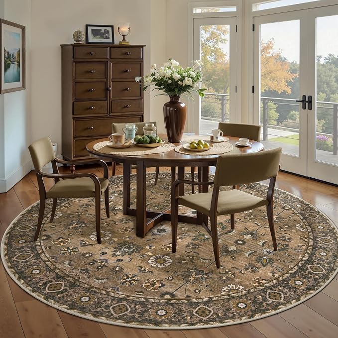 Tangsoo Washable Round Area Rugs 5ft, Vintage Non Slip Circle Rug Brown | Farmhouse Soft Low Pile Circular Rugs, Oriental Boho Round Carpet for Living Room Bedroom Dining Room Nursery Home Decor
