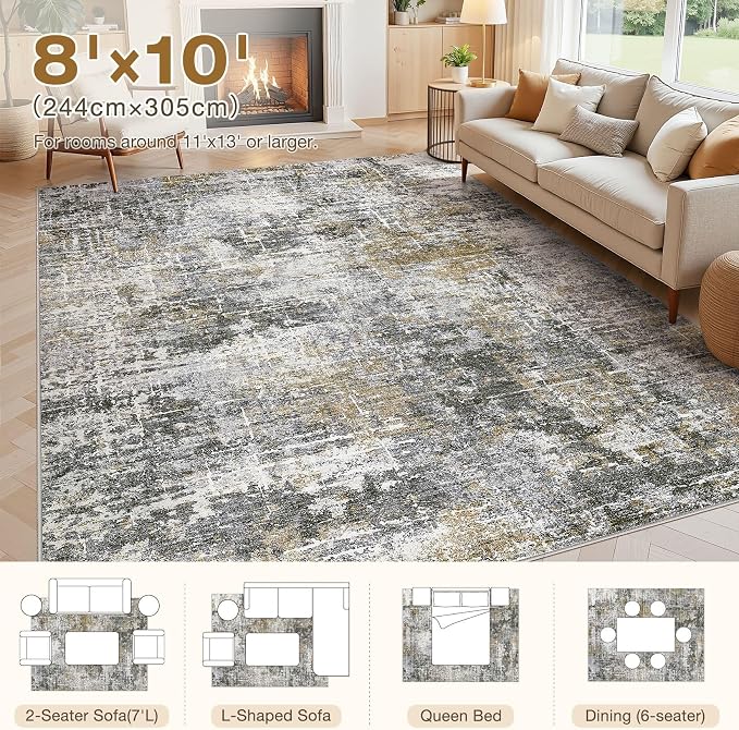 kakania Abstract 8x10 Area Rugs for Living Room: Washable Rugs Black Gold | Soft, Non-Slip, Low-Pile, Pet & Kid Friendly - Large Modern Home Decor Carpet for Bedroom/Dining Room/Office/Nursery