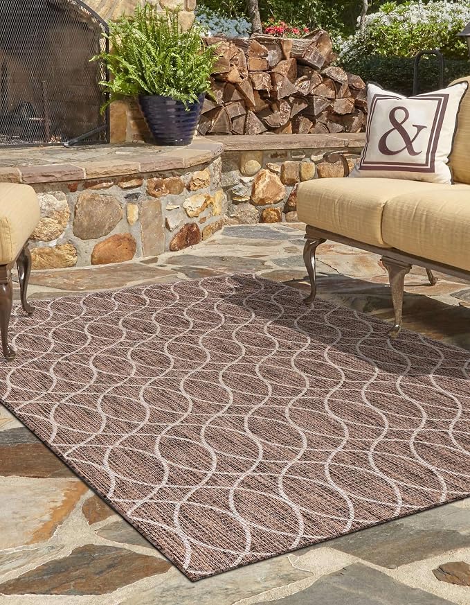 Unique Loom Outdoor Trellis Collection Area Rug - Gitter (10' x 14' 1" Rectangle, Brown/ Ivory)