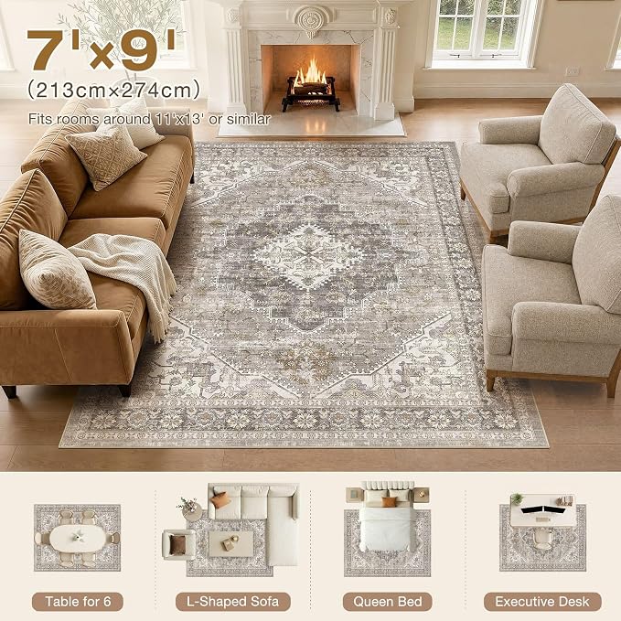 DTICON Vintage Washable 7x9 Area Rug Living Room Rugs, Taupe | Boho Distressed, Pet & Kid Friendly, Non-Slip Backing, Soft Polyester, Low-pile Carpet for Living Room, Bedroom, Dining Room