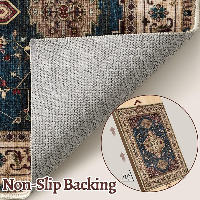 Tangsoo Vintage 2x6 Washable Runner Rugs for Hallways, Non Slip Rug Runner | Oriental Soft Low Pile Long Rug, Boho Carpet Runners for Kitchen Bedroom Entryway Bathroom Living Room Dark Blue Beige