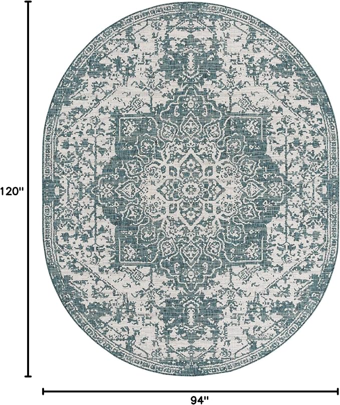 Unique Loom Jill Zarin Outdoor Collection Area Rug - Dubai (7' 10' x 10' Oval, Teal/ Ivory)