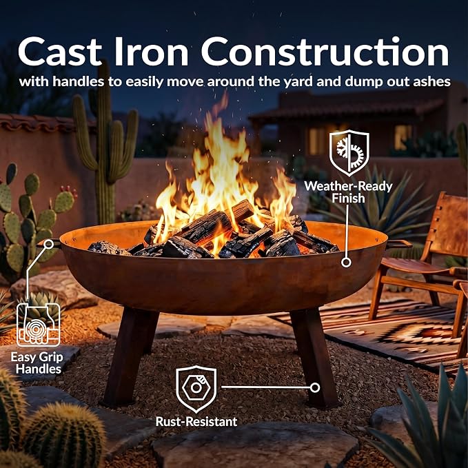 Sunnydaze Cast Iron Heavy Duty Fire Pit for Outside - Wood Burning Outdoor Fire Pit Bowl with Handles for Patio, Backyard, Camping - 34" - Rust