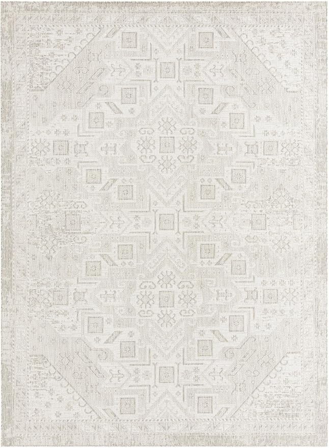 Unique Loom Outdoor Aztec Collection Area Rug - Coba (9' x 12' Rectangle, Light Gray/ Ivory)