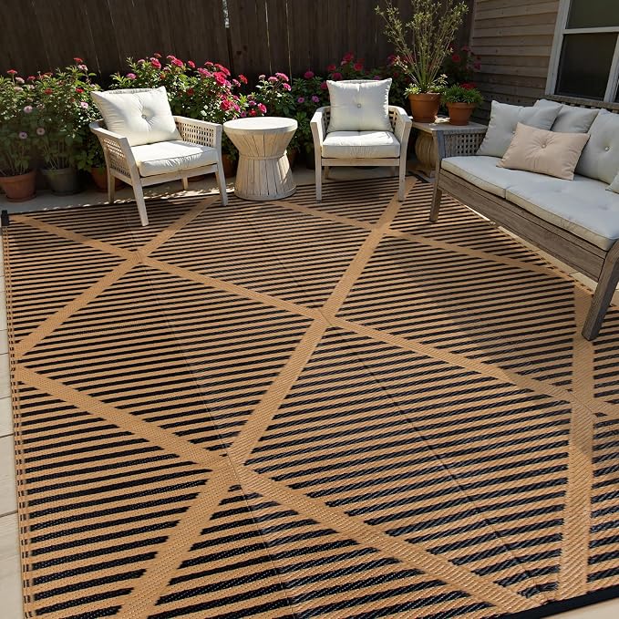 Lahome 9x12 Outdoor Plastic Straw Rug Waterproof, Neutral Reversible Outdoor Patio Rug, Large Portable Outside Camping Mats for Balcony Tent Floor Decor, Brown 9'x12'