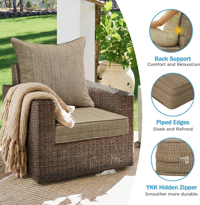 Outdoor Deep Seat & Back Cushion Set (2-Pack), 24 x 24 Inch Water Repellent and Fade Resistant Patio Furniture with Removable Cover for Outside Sofa Couch, Sierra Linen
