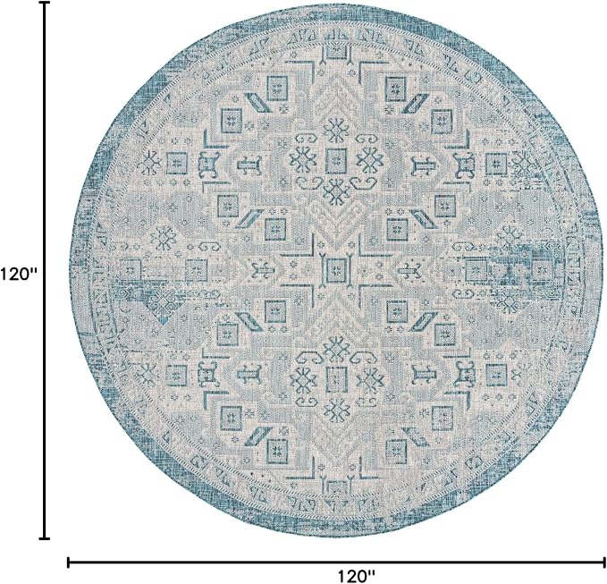 Unique Loom Outdoor Aztec Collection Area Rug - Coba (10' Round, Teal/ Ivory)