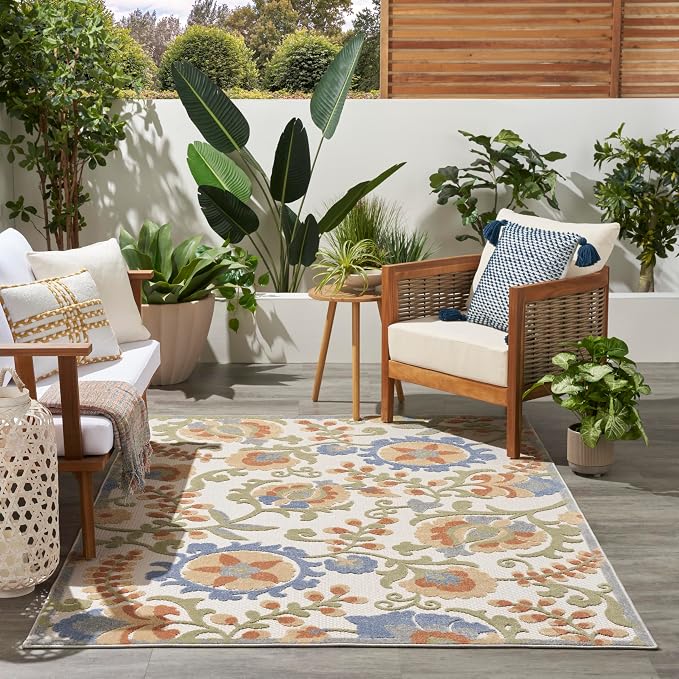 Nourison Home Aloha Ivory Blue 6' x 9' Area Rug - Easy Clean, Non Shedding, Bed Room, Living Room, Dining Room, Kitchen (6' x 9')