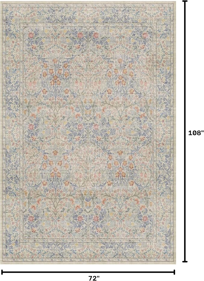 Washable Dining Room Rugs, 6x9 Area Rug for Living Room, Bedroom, Kids Playroom, Baby Nursery - Low Pile Non-Slip Lightweight - Oriental Vintage Design & Stain Resistance (6x9 Light Beige Blue)
