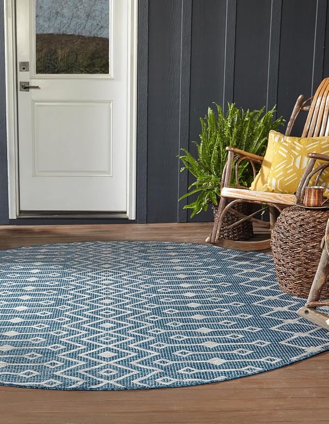 Unique Loom Outdoor Trellis Collection Area Rug - Tribal Trellis (12' Round, Blue/ Ivory)