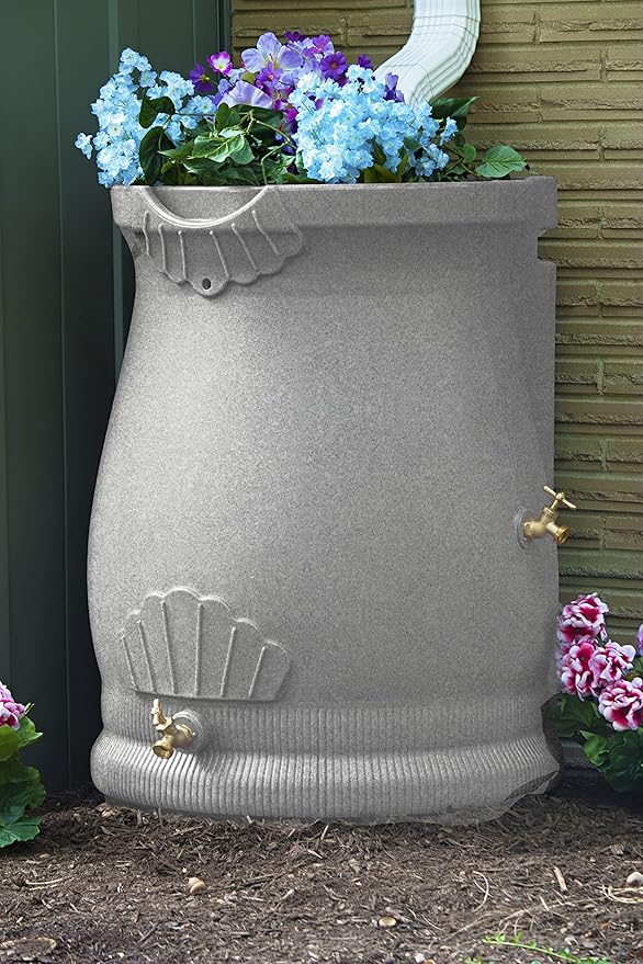 Good Ideas Rain Saver 50 Gallon Urn Shaped Self Draining Wizard Barrel Water Storage with Planter Space and 2 Brass Spigots, Light Granite