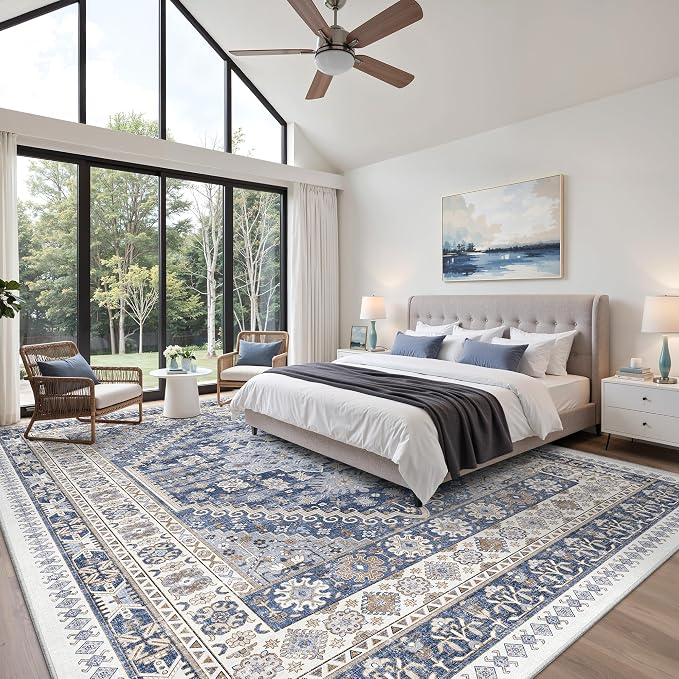 10x14 Area Rugs for Living Room,Large Washable Rug,Blue | Rugs for Bedroom,Dining Room,Office,Low Pile,Soft, Vintage Rug,Stain Resistant Indoor Carpet,Non Slip,Home Decor