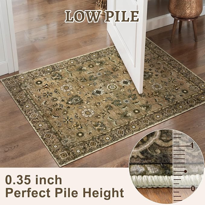 Tangsoo Brown 2.6x12 Hallway Runner Rugs Washable Runner Rug Non Slip | Vintage Soft Low Pile Long Rug Runners, Oriental Farmhouse Print Indoor Carpet Runners for Kitchen Bedroom Living Room Decor