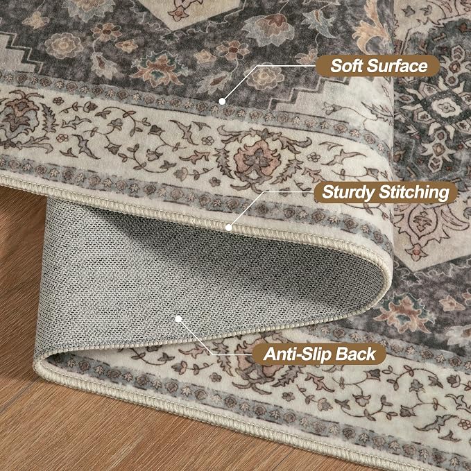 Tangsoo 2.6x14 Hallway Runner Rugs, Washable Runner Rug Non Slip Farmhouse | Vintage Soft Low Pile 14ft Long Rug Runner, Oriental Print Indoor Carpet Runners for Kitchen Bedroom Living Room Grey Decor