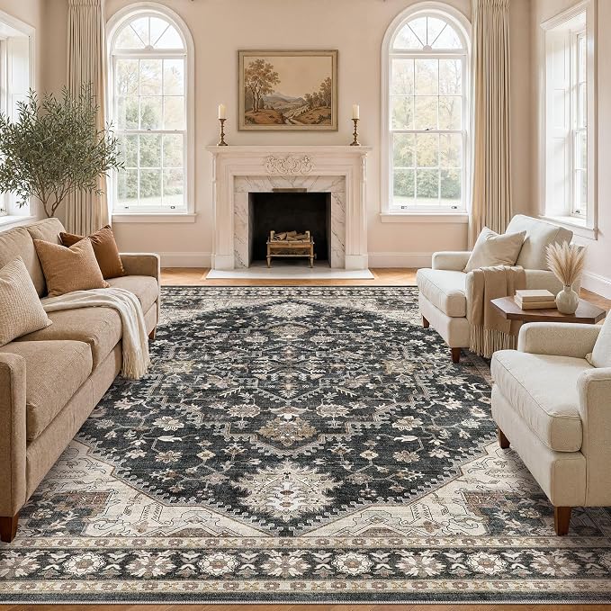 DTICON Vintage Washable 10x14 Area Rug Living Room Rugs, Black | Boho Distressed, Pet & Kid Friendly, Non-Slip Backing, Soft Polyester, Low-pile Carpet for Living Room, Bedroom, Dining Room