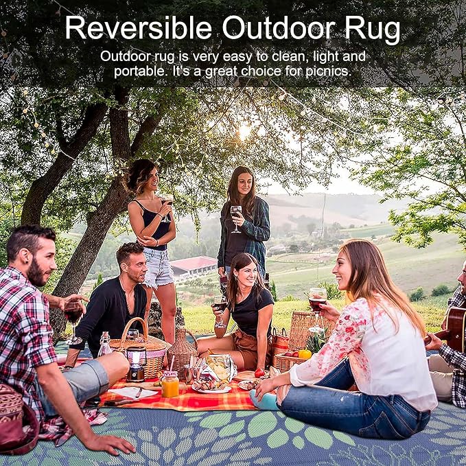 Ileading Waterproof Outdoor Rug 9x12, Reversible Plastic Straw Patio Rug, Portable Indoor Outdoor RV Camping Mat Carpet for Deck, Porch, Balcony, Backyard, Picnic, Floral Navy Blue
