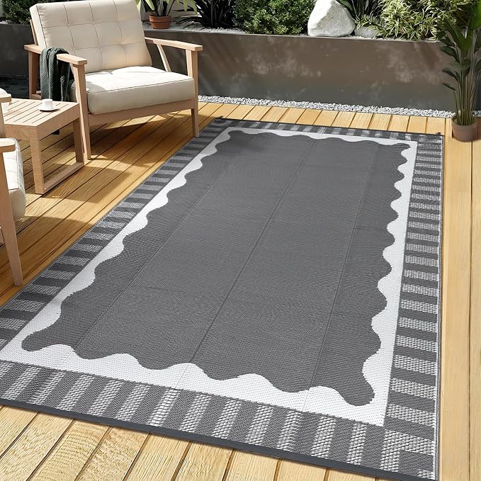 Garvee Large Scalloped Outdoor Rug 8x10 Patio Rugs Outdoor Waterproof, Reversible Plastic Straw Camping Rug, Modern Bordered Outside Mats for Picnic Backyard Deck Balcony Beach Trailer, Grey
