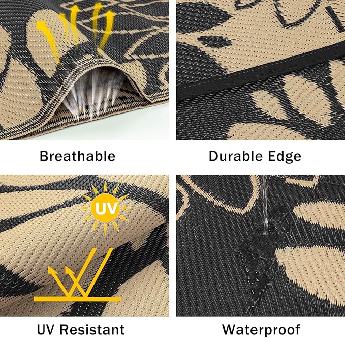 Ileading Waterproof Outdoor Rug 6x9, Reversible Plastic Straw Patio Rug, Portable Indoor Outdoor RV Camping Mat Carpet for Deck, Porch, Balcony, Backyard, Picnic, Floral Black
