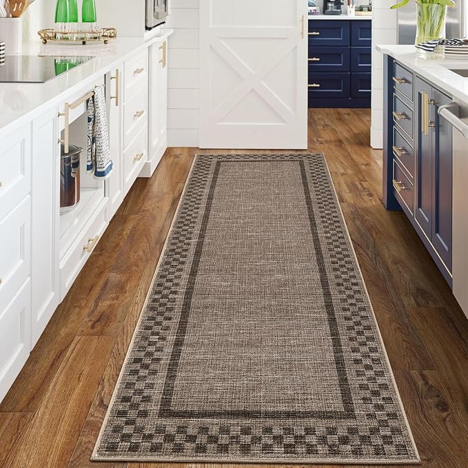 GarveeHome Runner Rug 2x6 for Kitchen Non Slip Washable Hallway Runner Rugs | Modern Bordered Bathroom Throw Mat Soft Non Shedding Checkered Runners Geometric Area Rug for Bedside Living Room, Brown