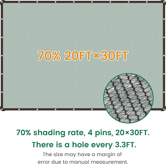70% 20 X 30 FT Green Shade Cloth, Outdoor Woven Sun Shade with Grommets, Durable Breathable Netting Shading Antifreezing for Patio, Garden, DIY Home, Plants Cover, Greenhouse, Dog Kennel