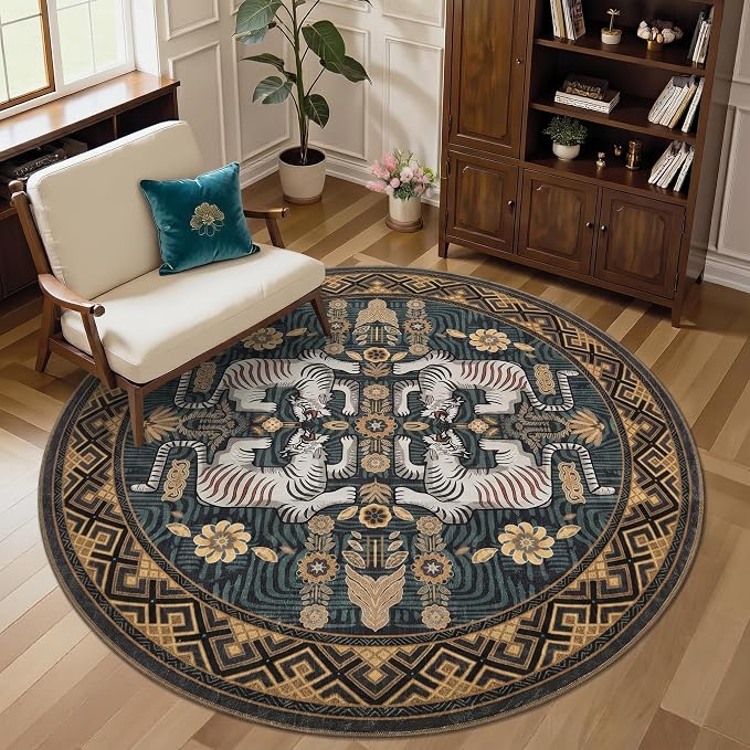 GarveeHome Tiger Round Area Rugs Boho Living Room Non Slip Washable Vintage | 8ft Blue Animal Print Circle Rugs, Tribal Floor Carpet for Dining Room Entryway Nursery Playroom Office