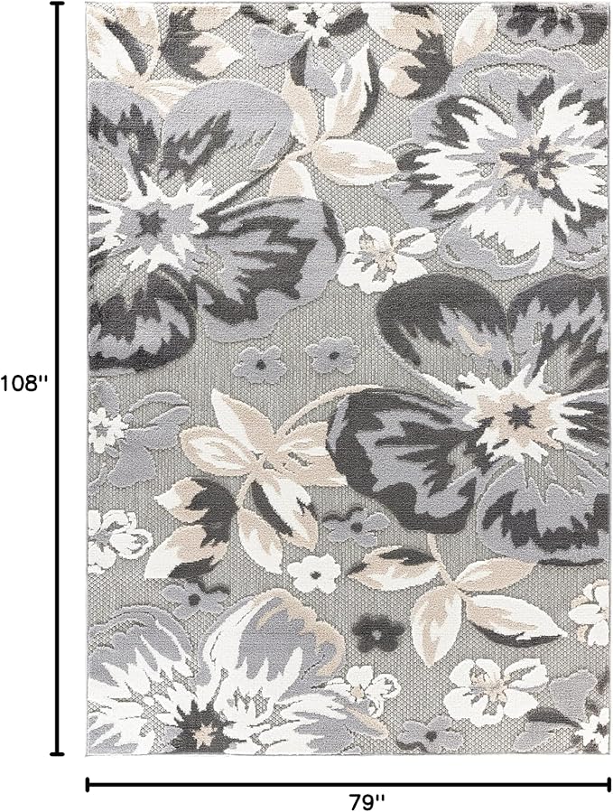 Rugshop Bergamo Contemporary Floral Non-Shedding Easy Cleaning Patio Deck Backyard Indoor/Outdoor Area Rug 6' 6" X 9' Gray