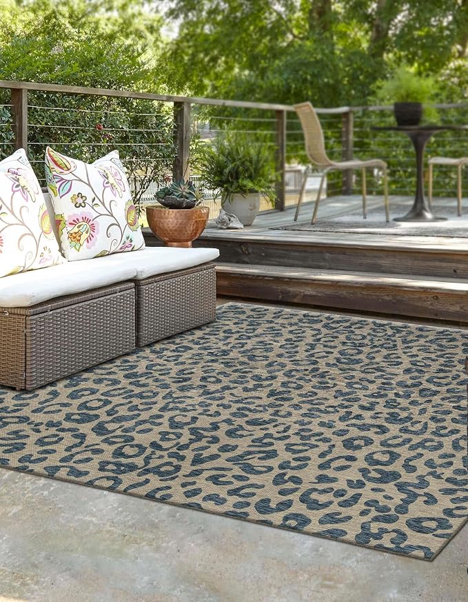 Unique Loom Outdoor Safari Collection Area Rug - Leopard (13' Square, Blue/ Gray)