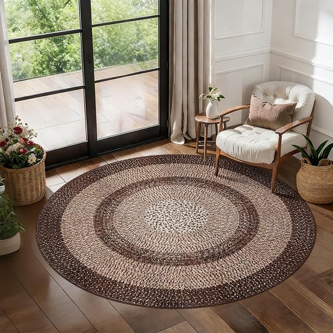 RUGSREAL Modern Bordered Round Area Rug 4ft Washable Bedroom Circle Rugs | Non Slip Stain Resistant Dining Room Round Throw Carpet Contemporary Circle Mats for Living Room Kitchen Nursery, Brown