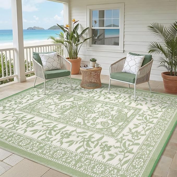 Garvee Outdoor Rug 9x12, Waterproof Reversible Foldable Plastic Straw Rug, Botanical Cottagecore Outdoor Rugs Patio Camping RV Carpet for Deck Camper Porch Balcony Picnic Beach Gray Sage Green