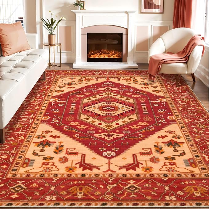 SERISSA 8x10 Washable Non Slip Boho Area Rug for Living Room，Red | Ultra Soft Vintage Oriental Carpet Low-Pile Distressed Tribal Throw Carpet for Dining Room Bedroom Dorm Office Home Decor