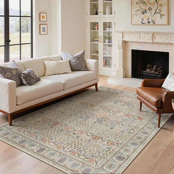 3x5 Area Rug for Living Room, Washable Low Pile, Earth Yellow | Vintage Distressed Design, Spill Resistant Lightweight Non-Shedding Carpet for Bedroom, Dining Room, Office