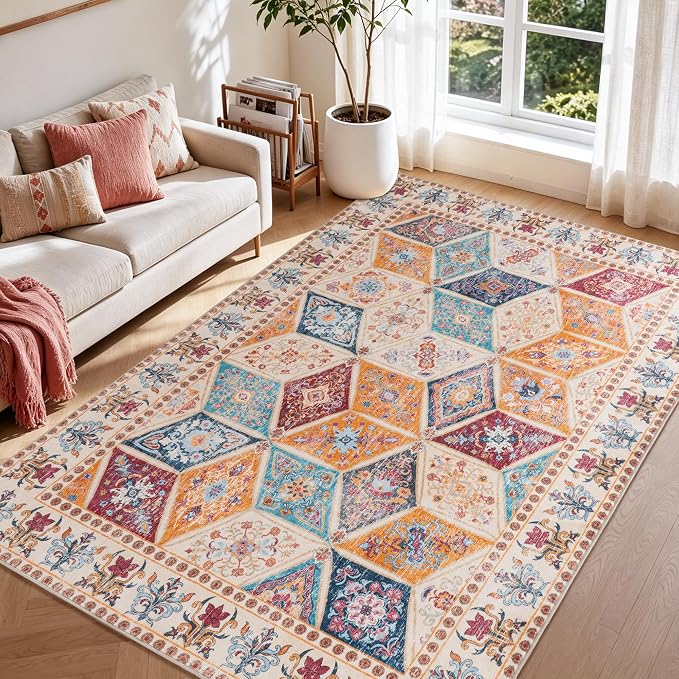 Moroccan Boho Floral Geometric Patchwork Washable 6x9 Large Area Rug | Vintage Distressed Non Slip Throw Carpet for Bedroom Livingroom Kitchen Hallway Entryway Office Dining Room Docer, Cream