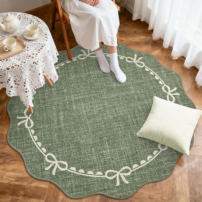 GarveeHome 5ft Round Rugs Washable Scalloped Bow Rug for Bedroom, Green | Non Slip Soft Low Pile Ultra-Thin Stain Resistant Indoor Carpet for Living Room Nursery Girls Dorm Decor Kids Room Playroom