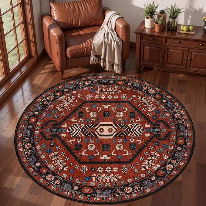 Ciicool 4ft Round Area Rug for Entryway,Washable Soft Circle for Kitchen | Vintage Non-Slip Low-Pile Oriental Indoor Mat Soft Boho Entry Carpet for Bedside Living Room Laundry Bathroom Dining Room