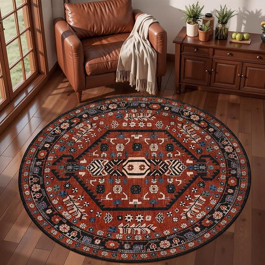 Ciicool 4ft Round Area Rug for Entryway,Washable Soft Circle for Kitchen | Vintage Non-Slip Low-Pile Oriental Indoor Mat Soft Boho Entry Carpet for Bedside Living Room Laundry Bathroom Dining Room