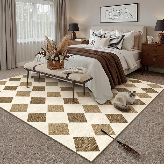 5x7 Checkered Area Rugs for Living Room Brown Machine Washable Large Rug Non-Slip Stain Resistant Low Pile Boho Accent Indoor Throw Carpet for Office Bedroom Dining Room Classroom