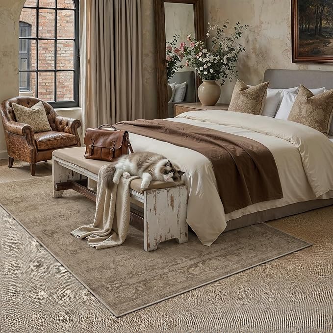 Brown 5x7 Washable Area Rug Bedroom Vintage Distressed Carpet | Soft Low Pile, Non Slip, Stain Resistant, Traditional Retro Decor for Dining Room, Living Room, Office, Kids Room
