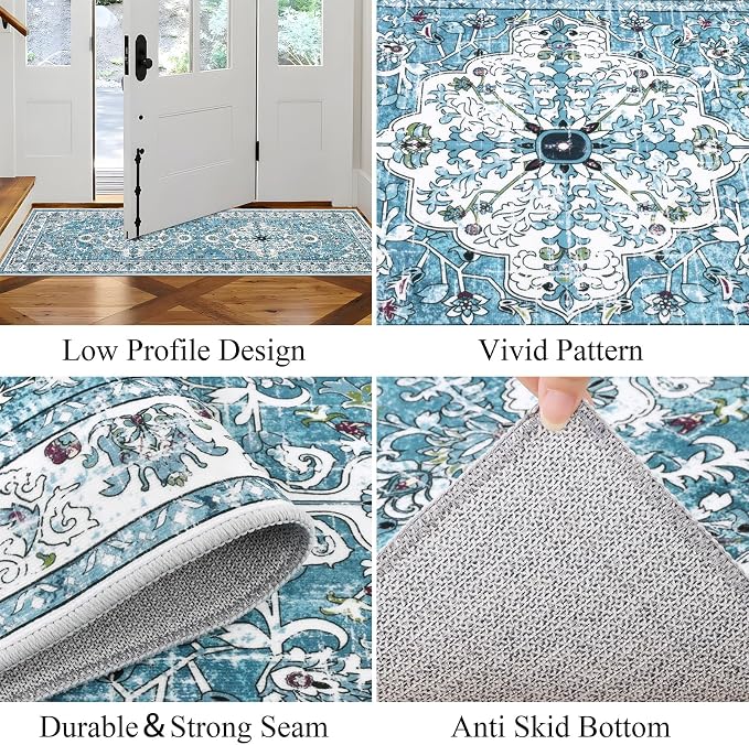 U'Artlines 2' x 6' Boho Hallway Runner Rug, Washable Carpet, Teal | Non Slip, Vintage Farmhouse Accent Area Rug Carpet, for Kitchen Entryway Laundry and Living Room