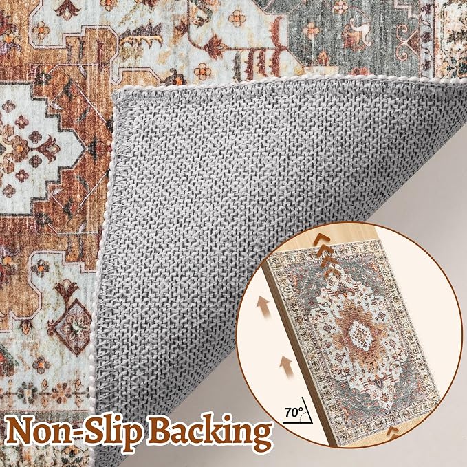 Tangsoo Oriental 2.6x12 Hallway Runner Rugs Washable Runner Rug Non Slip | Vintage Soft Low Pile Long Rug Runners, Oriental Boho Print Indoor Carpet Runners for Kitchen Bedroom Living Room Turmeric