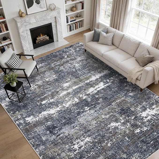 ROYHOME Abstract Rugs 9x12 for Bedroom Living Room Machine Washable Indoor Large Floor Carpet with Non Slip Backing Stain Resistant Grey Brown