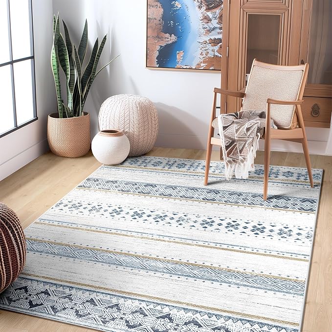 4x6 Washable Area Rugs for Living Room Boho Bedroom Rug Blue/Brown | Vacuum Friendly, Machine Washable, Non-Slip Rug, Stain Resistant, Moroccan Geometric, Low Pile Carpet, Dining Room Kitchen