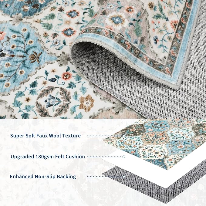 ROYHOME Runner Rug Trellis Washable Hallway Runner Rug 2' x 6' | Stain Resistant Non-Slip Distressed Floral Runner Entrance Carpet for Bedroom Laundry Kitchen Entryway, Blue/Taupe