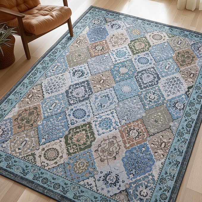 Phantoscope Washable Area Rug 5'x7' Non-Slip, Vintage Boho Rugs for Living Room, Bedroom, Dining Room, Distressed Moroccan Mosaic Diamond Pattern, Low-Pile Foldable Floor Carpet, Blue Teal/Neutral