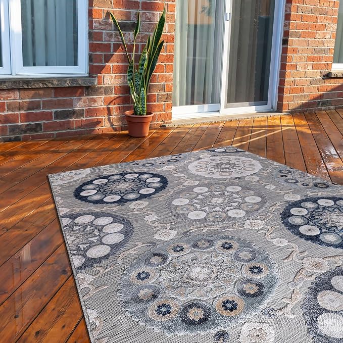 CAMILSON Indoor Outdoor Rug 6x9 Bohemian Medallion Floral Area Rugs for Indoor and Outdoor Patios Easy-Cleaning Non-Shedding Living Room Garden and Kitchen Washable Outside Carpet (6 x 9 / Blue)