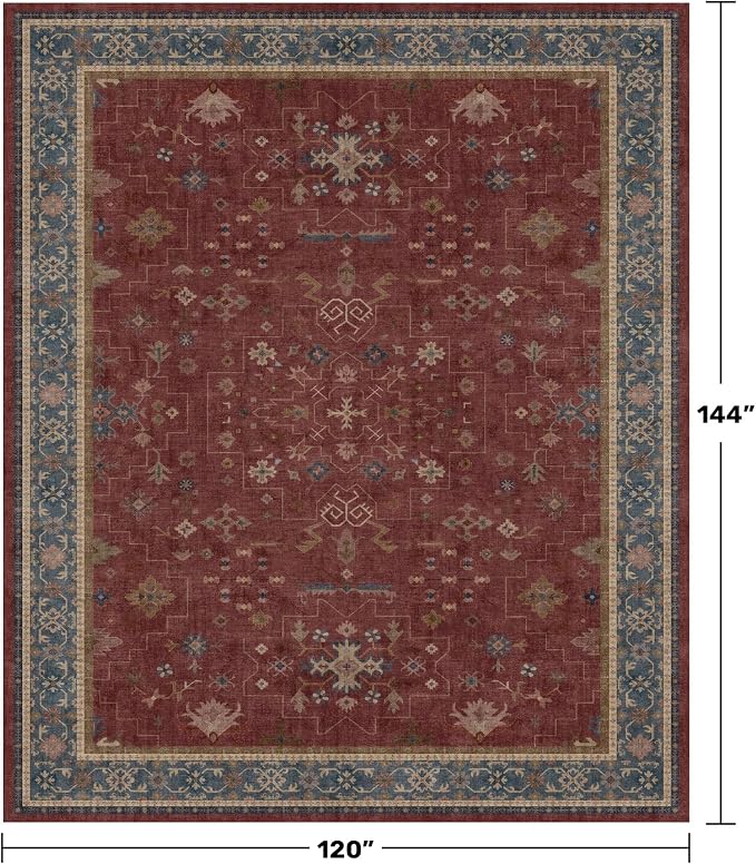 Moroccan Big Rugs for Living Room - Dark Red 10x12 Area Rug for Large Bedroom, Dining Room, Washable Lightweight Foldable Oriental Burgendy Home Décor